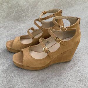Journee Collection Skyla Tan Microsuede Strappy Peep Toe Demi Wedges